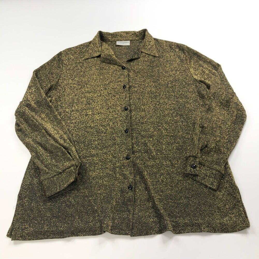 Alfred Dunner 16 USA Metallic Button Long Sleeve Shirt Gold Green